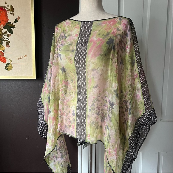 Shendel Accessories - Shendel Silk Shawl Wrap Sheer Green Pink Floral Handkerchief Hem Boho Fairycore